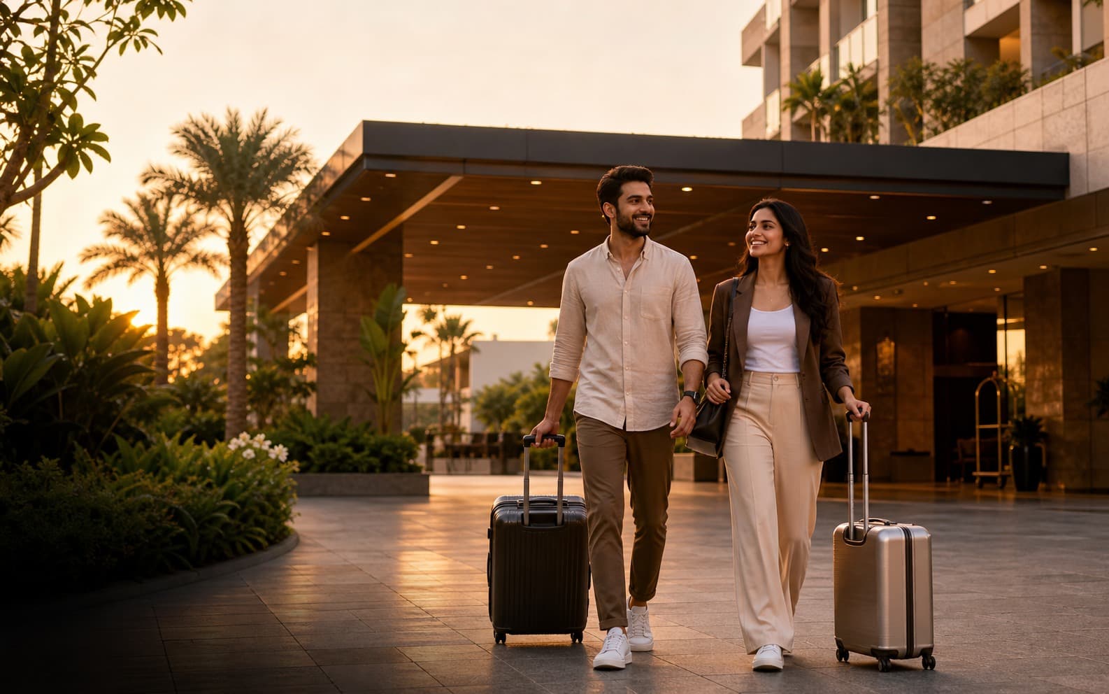 Traveller arriving at a modern hotel for a TukVa stay booking