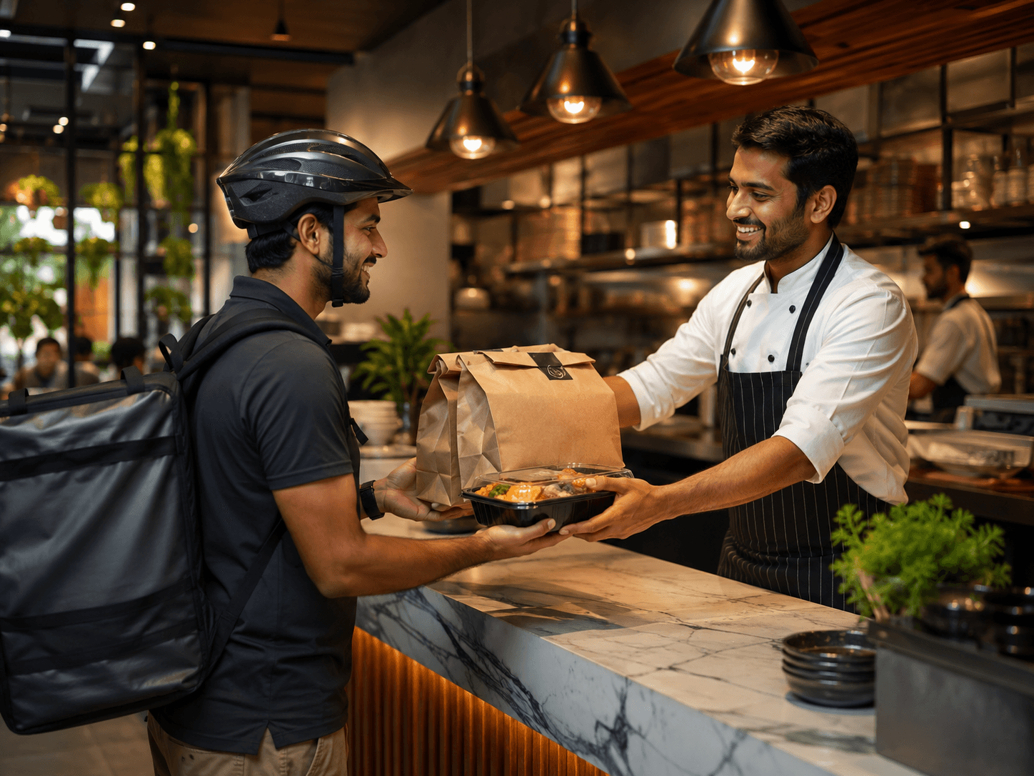 Restaurant chef handing a takeaway meal to a delivery rider